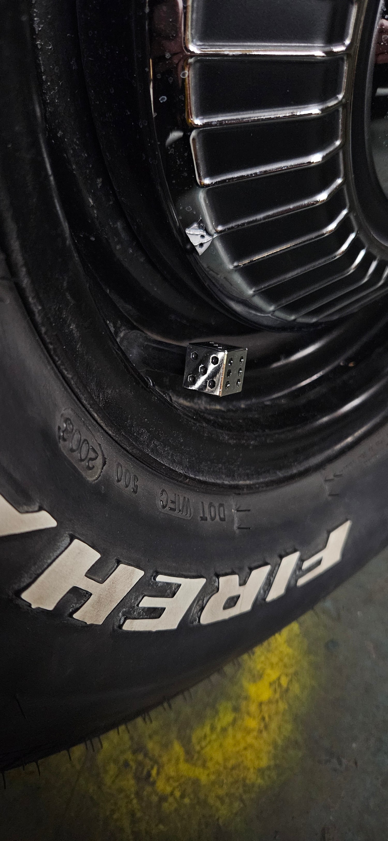 Custom Polished Aluminum Dice Valve Stem Caps installed on 1969 Pontiac GTO wheels