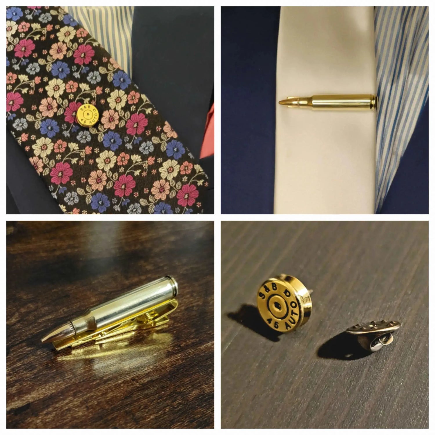 Visual Representation of our 45 ACp Tie Tack and .223 Tie Bar on tie
