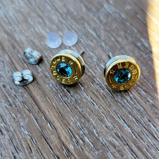 9mm brass bullet casing stud earrings with March birthstone