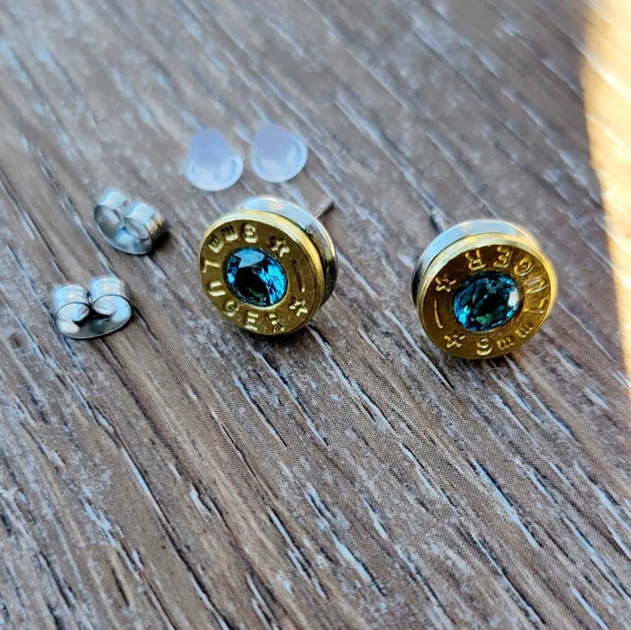 9mm brass bullet casing stud earrings with March birthstone
