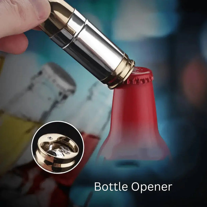 Bullet Shaped Torch Lighter opening bottle with bottle opener feature.
