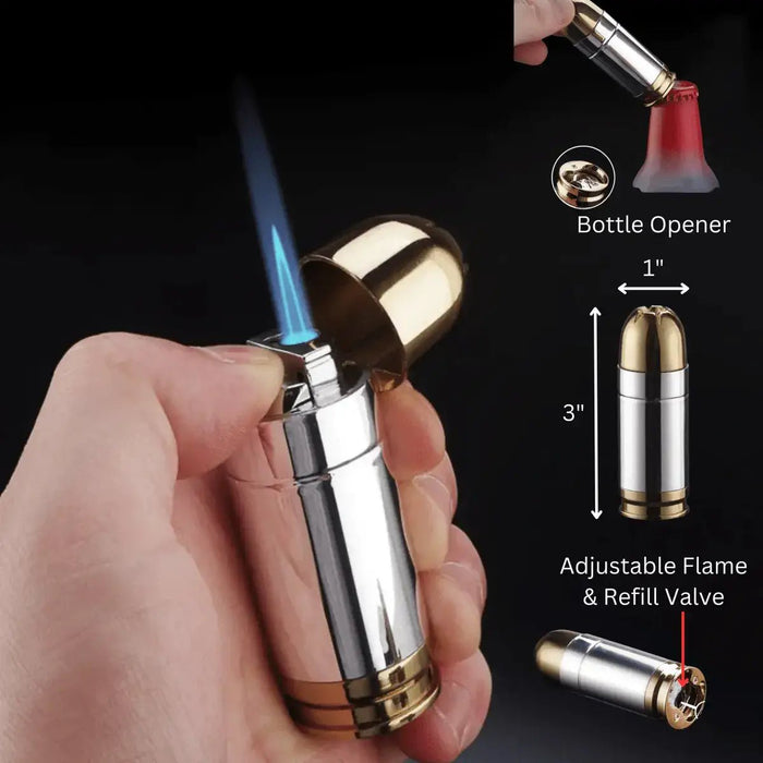 Bullet Shaped Torch Lighter with lit flame and shows bottle opener feature, dimensions of lighter, and location of flame adjustment and refill valve.