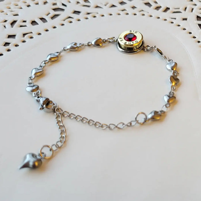 45 caliber bullet gemstone heart chain bracelet with January birthstone