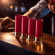 12 Gauge Shot Glasses Set on Bar Top and Bartender pouring 