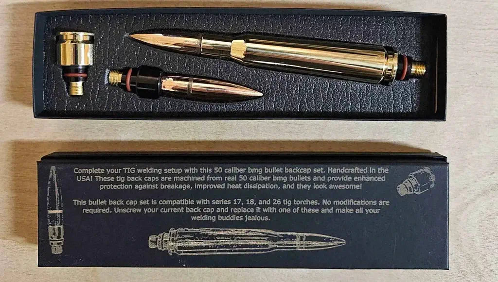 50 bmg Bullet TIG Welding Back cap Set displayed in packaging.