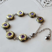 45 caliber bullet chain heart bracelet with February birthstone crystal