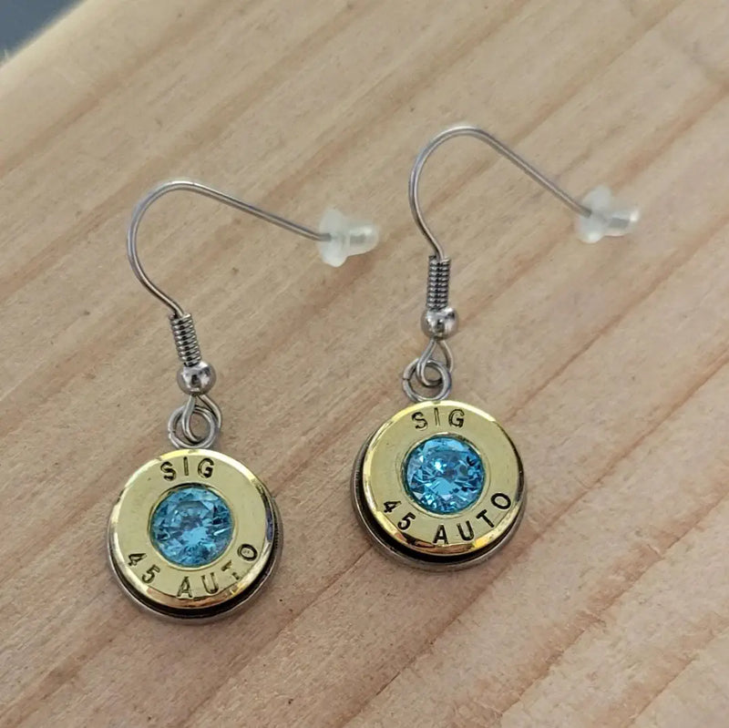 45 Bullet Dangle Earrings with March Birthstone