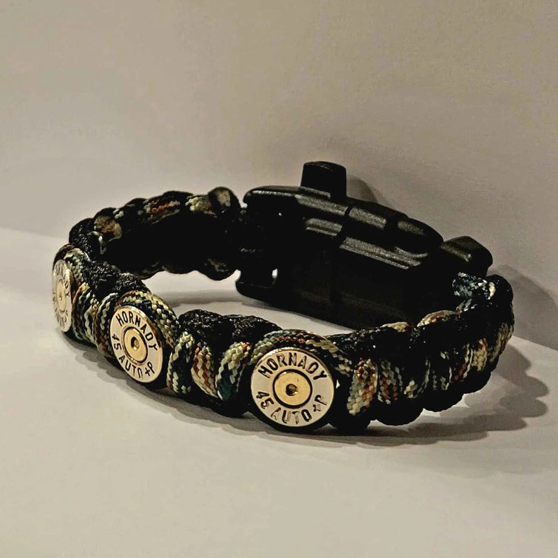 45acp Bullet Paracord Outdoor Survival Camo Bracelet complete with compass, whistle, and flint/striker