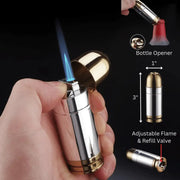 Bullet Shaped Torch Lighter with lit flame and shows bottle opener feature, dimensions of lighter, and location of flame adjustment and refill valve.