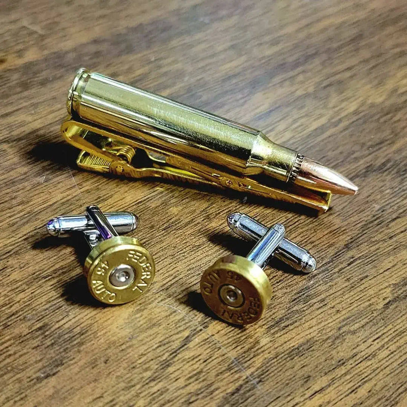 Our bullet jewelry bundle set including 223 tie bar and 45 cufflinks
