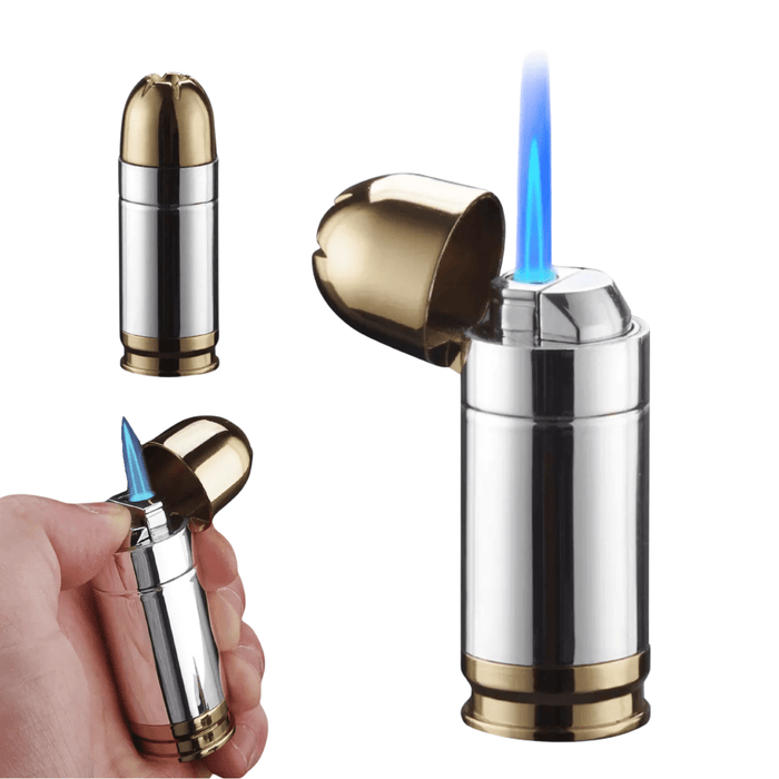 Bullet - Shaped Torch Lighter, 3 - Inch, Blue Flame, Butane Refillable with Bottle Opener, Silver and Gold - HittCraft Bullet Gifts