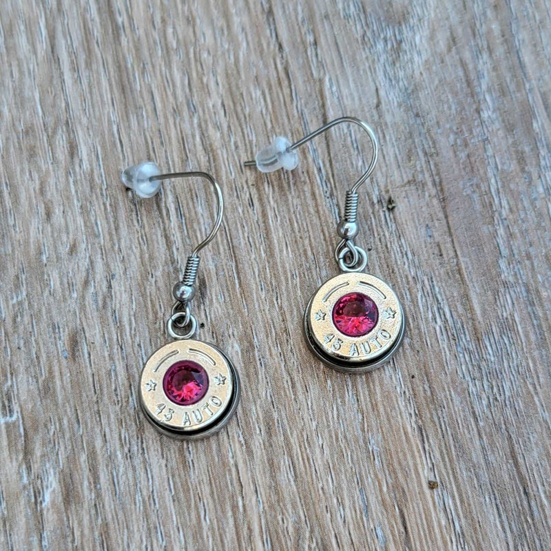 45 Caliber Bullet Shell Casing Earrings, Gemstone Dangle Earrings, Birthstone Jewelry, Rustic Gift for Gun Lovers, CZ Drop Earrings - HittCraft Bullet Gifts