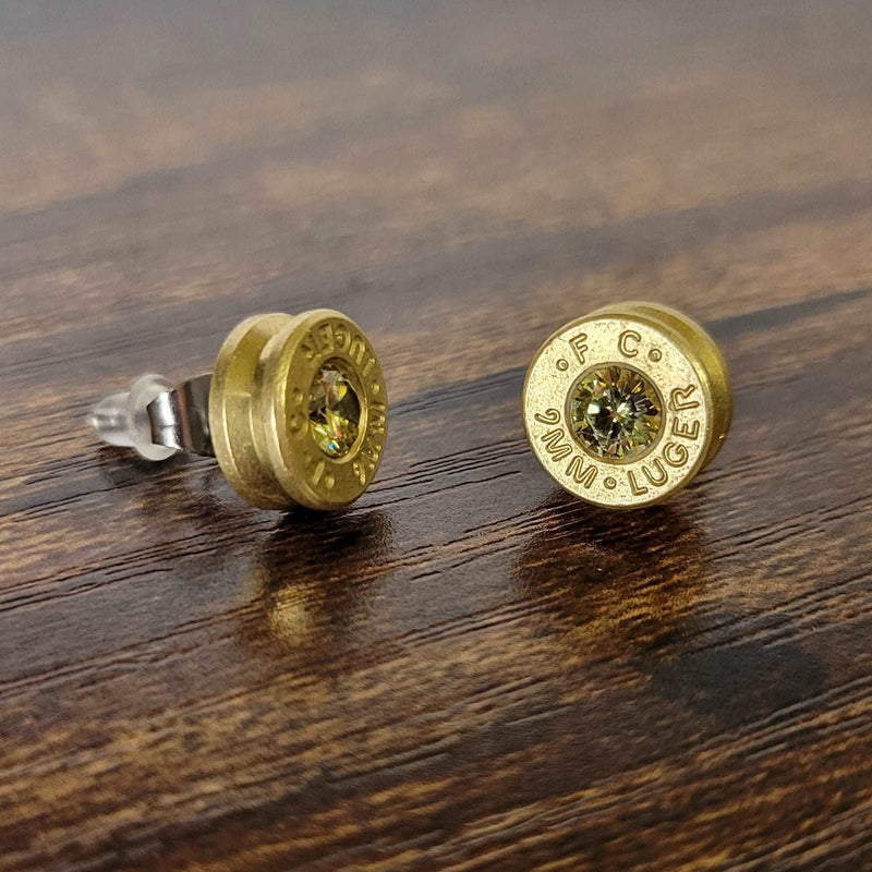 9mm Bullet Casing Stud Earrings August Birthstone, Gemstone Earrings, Birthstone Jewelry Gift, Fashion Accessories for Gun Lovers - HittCraft Bullet Gifts