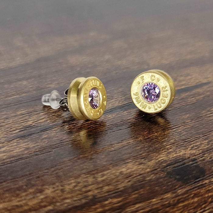 9mm Bullet Casing Stud Earrings with February Birthstone,Jewelry Gift, Fashion Accessories for Gun Lovers - HittCraft Bullet Gifts