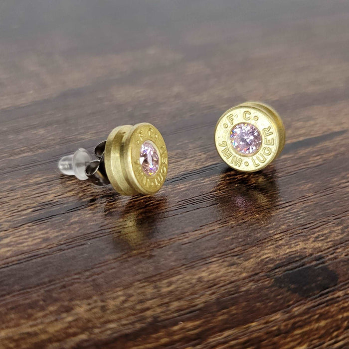 9mm Bullet Casing Stud Earrings October Birthstone, Gemstone Earrings, Birthstone Jewelry Gift, Fashion Accessories for Gun Lovers - HittCraft Bullet Gifts