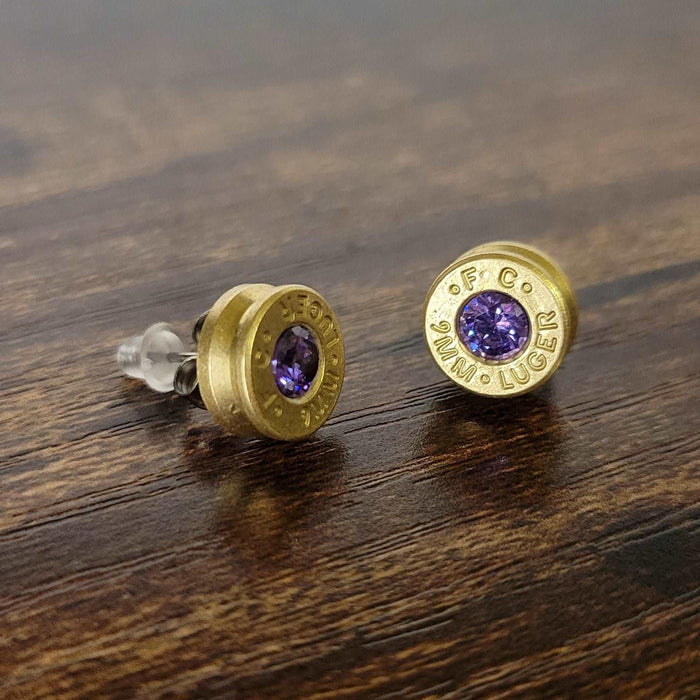 9mm Bullet Casing Stud Earrings, Choose Your Birthstone Gemstone Earrings, Birthstone Jewelry Gift, Fashion Accessories for Gun Lovers - HittCraft Bullet Gifts