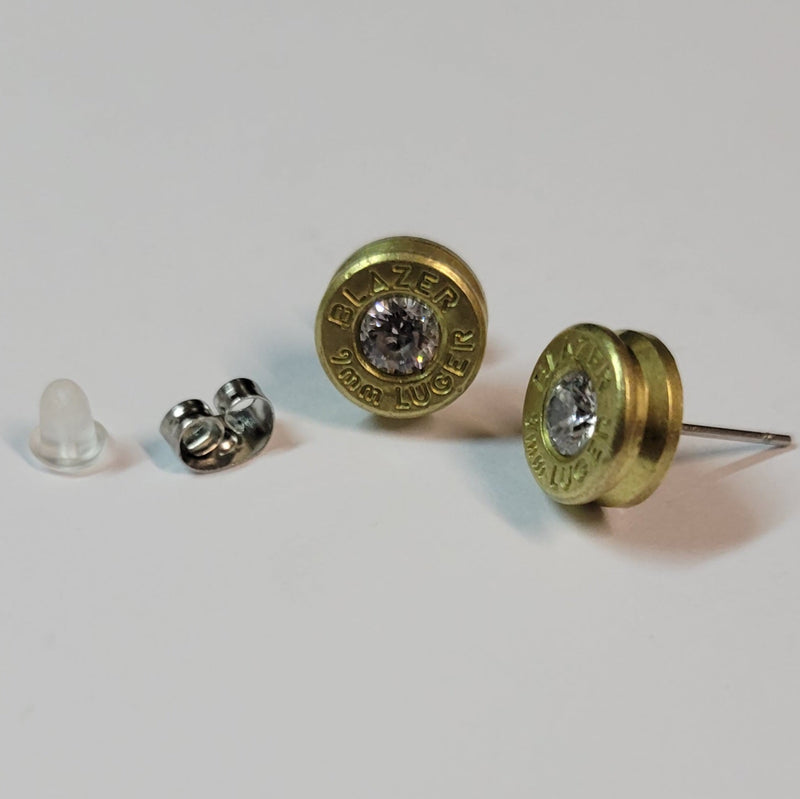 9mm Bullet Casing Stud Earrings, Choose Your Birthstone Gemstone Earrings, Birthstone Jewelry Gift, Fashion Accessories for Gun Lovers - HittCraft Bullet Gifts