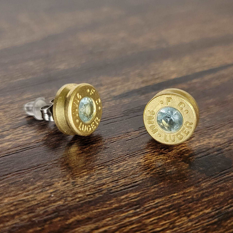 9mm Bullet Casing Stud Earrings, Choose Your Birthstone Gemstone Earrings, Birthstone Jewelry Gift, Fashion Accessories for Gun Lovers - HittCraft Bullet Gifts