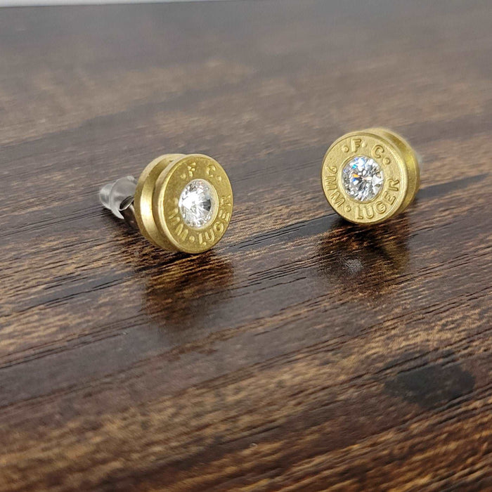 9mm Bullet Casing Stud Earrings April Birthstone, Gemstone Earrings, Birthstone Jewelry Gift, Fashion Accessories for Gun Lovers - HittCraft Bullet Gifts