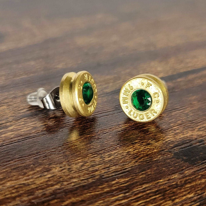9mm Bullet Casing Stud Earrings May Birthstone, Gemstone Earrings, Birthstone Jewelry Gift, Fashion Accessories for Gun Lovers - HittCraft Bullet Gifts