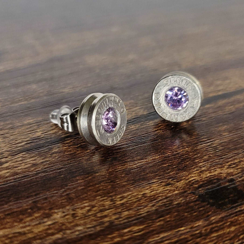 9mm Nickel Bullet Casing Stud Earrings, Choose Your Birthstone Gemstone Earrings, Birthstone Jewelry Gift, Fashion Accessories for Gun Lovers - HittCraft Bullet Gifts