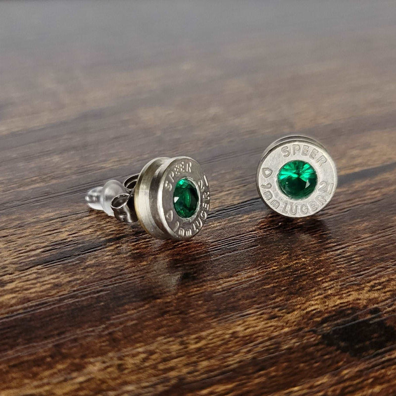 9mm Nickel Bullet Casing Stud Earrings, May Birthstone, Gemstone Earrings, Birthstone Jewelry Gift, Fashion Accessories for Gun Lovers - HittCraft Bullet Gifts