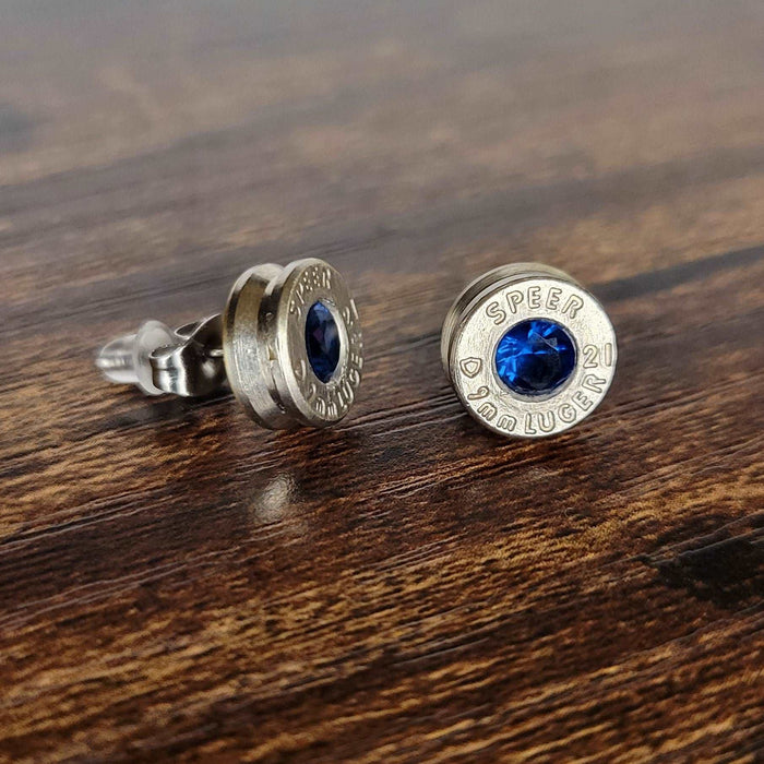 9mm Nickel Bullet Casing Stud Earrings, September Birthstone, Gemstone Earrings, Birthstone Jewelry Gift, Fashion Accessories for Gun Lovers - HittCraft Bullet Gifts