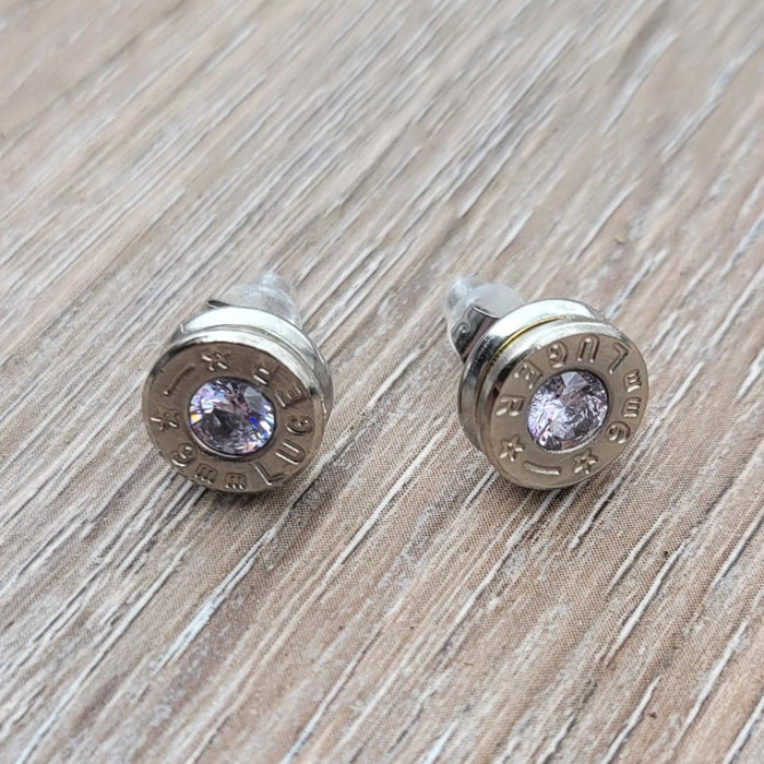 9mm Nickel Bullet Casing Stud Earrings, April Birthstone, Gemstone Earrings, Birthstone Jewelry Gift, Fashion Accessories for Gun Lovers - HittCraft Bullet Gifts