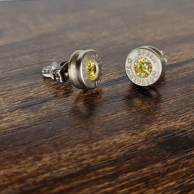 9mm Nickel Bullet Casing Stud Earrings, November Birthstone, Gemstone Earrings, Birthstone Jewelry Gift, Fashion Accessories for Gun Lovers - HittCraft Bullet Gifts