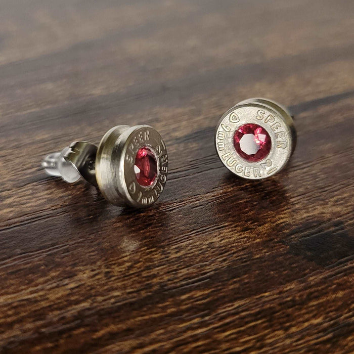 9mm Nickel Bullet Casing Stud Earrings, July Birthstone, Gemstone Earrings, Birthstone Jewelry Gift, Fashion Accessories for Gun Lovers - HittCraft Bullet Gifts