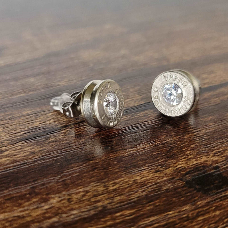 9mm Nickel Bullet Casing Stud Earrings, April Birthstone, Gemstone Earrings, Birthstone Jewelry Gift, Fashion Accessories for Gun Lovers - HittCraft Bullet Gifts