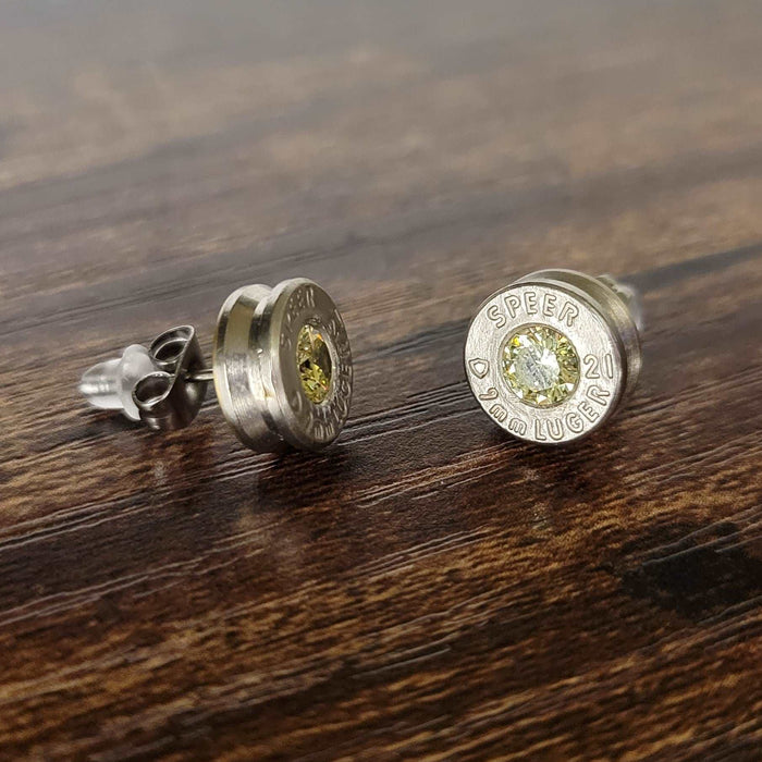 9mm Nickel Bullet Casing Stud Earrings, August Birthstone, Gemstone Earrings, Birthstone Jewelry Gift, Fashion Accessories for Gun Lovers - HittCraft Bullet Gifts