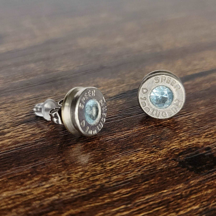 9mm Nickel Bullet Casing Stud Earrings, Choose Your Birthstone Gemstone Earrings, Birthstone Jewelry Gift, Fashion Accessories for Gun Lovers - HittCraft Bullet Gifts