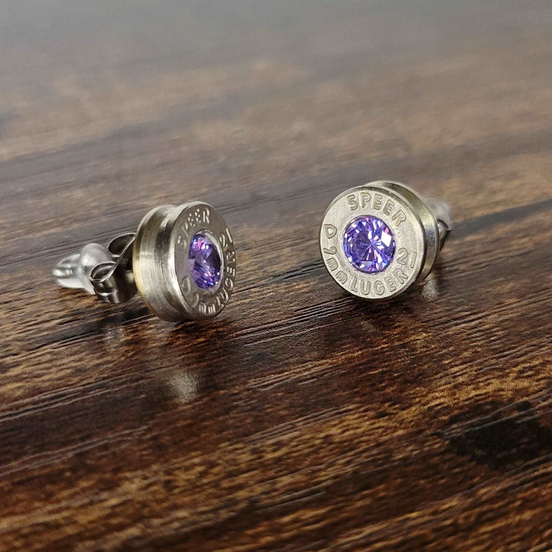 9mm Nickel Bullet Casing Stud Earrings, February Birthstone, Gemstone Earrings, Birthstone Jewelry Gift, Fashion Accessories for Gun Lovers - HittCraft Bullet Gifts