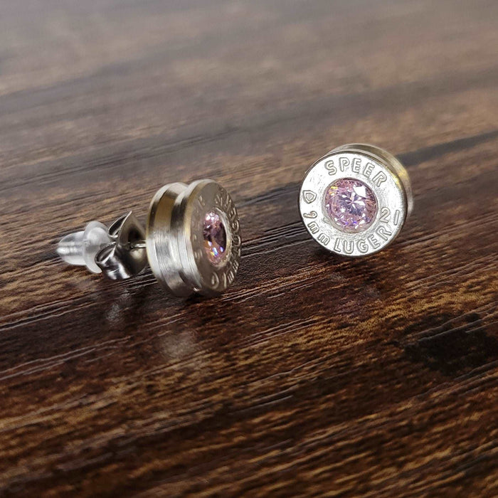 9mm Nickel Bullet Casing Stud Earrings, October Birthstone, Gemstone Earrings, Birthstone Jewelry Gift, Fashion Accessories for Gun Lovers - HittCraft Bullet Gifts
