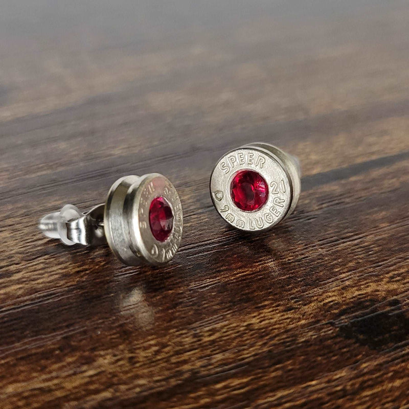 9mm Nickel Bullet Casing Stud Earrings, January Birthstone, Gemstone Earrings, Birthstone Jewelry Gift, Fashion Accessories for Gun Lovers - HittCraft Bullet Gifts