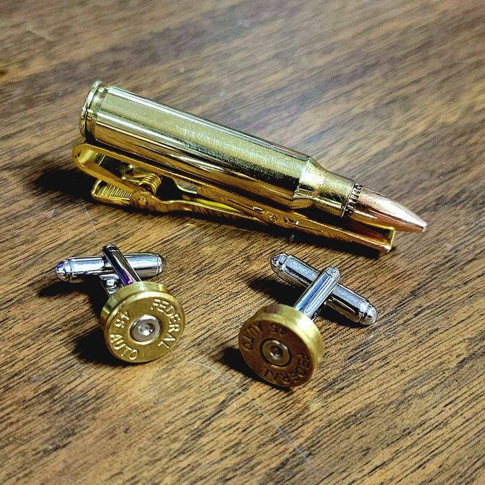 Guy's 223 Bullet Jewelry Set, Bullet Tie Clip & Cufflinks for Men, Once Fired 223 Bullet Tie Bar, 45 Caliber Cufflinks, Men's Bullet Gift - HittCraft Bullet Gifts