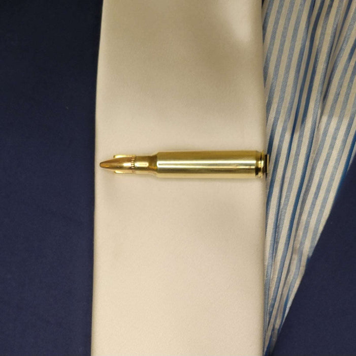 Guy's 223 Bullet Tie Clip on Pearl White Tie and Navy Vest, Once Fired 223 Bullet Tie Bar, Men's Bullet Gift - HittCraft Bullet Gifts