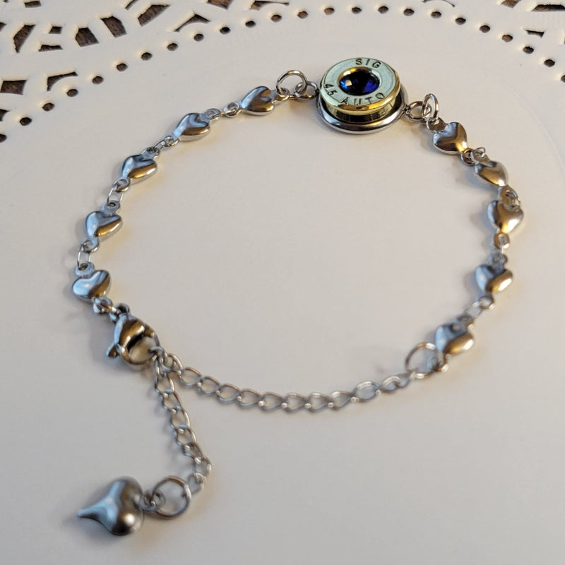 Minimalist 45 Caliber Bullet September Gemstone Bracelet, Once Fired Bullet Charm Bracelet, Birthstone Bracelet, Gift for Her, Birthstone Jewelry - HittCraft Bullet Gifts