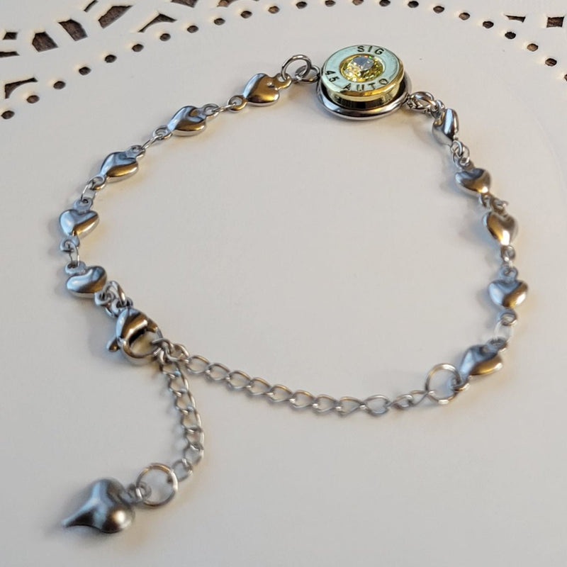 Minimalist 45 Caliber Bullet August Gemstone Bracelet, Once Fired Bullet Charm Bracelet, Birthstone Bracelet, Gift for Her, Birthstone Jewelry - HittCraft Bullet Gifts