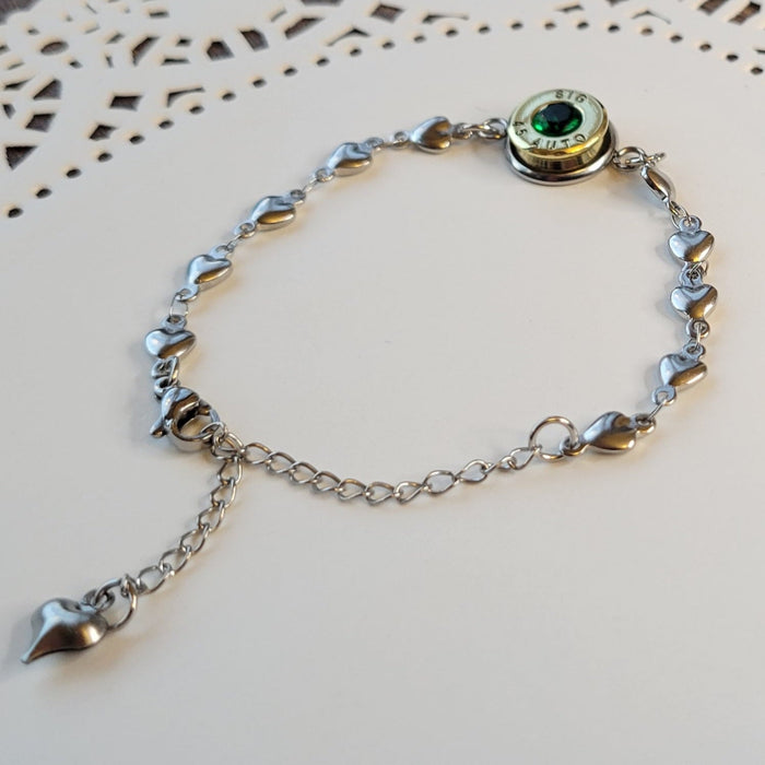 Minimalist 45 Caliber Bullet May Gemstone Bracelet, Once Fired Bullet Charm Bracelet, Birthstone Bracelet, Gift for Her, Birthstone Jewelry - HittCraft Bullet Gifts