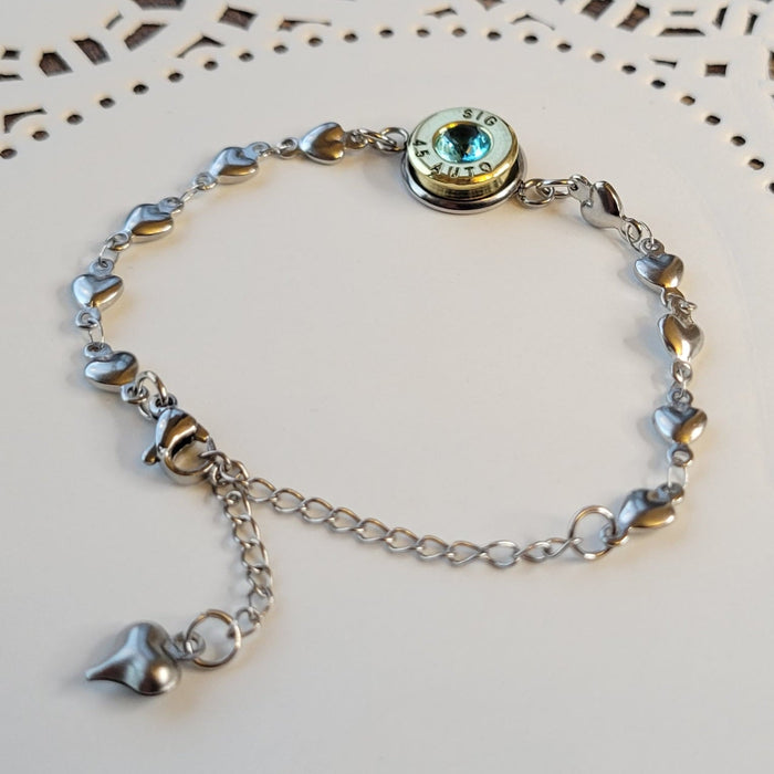 Minimalist 45 Caliber Bullet March Gemstone Bracelet, Once Fired Bullet Charm Bracelet, Birthstone Bracelet, Gift for Her, Birthstone Jewelry - HittCraft Bullet Gifts